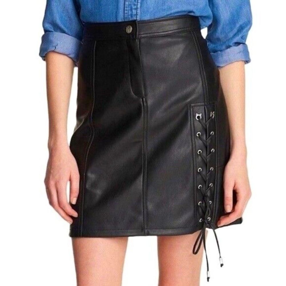 Karl Lagerfeld Paris Faux Leather Lace Up Mini Skirt Black Size 6